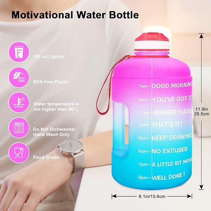 QuiFit Motivational Gallon Water Bottle - with Straw & Time Marker BPA Free Large Reusable Sport Water Jug with Handle for Fitness Outdoor Enthusiasts Leak-Proof