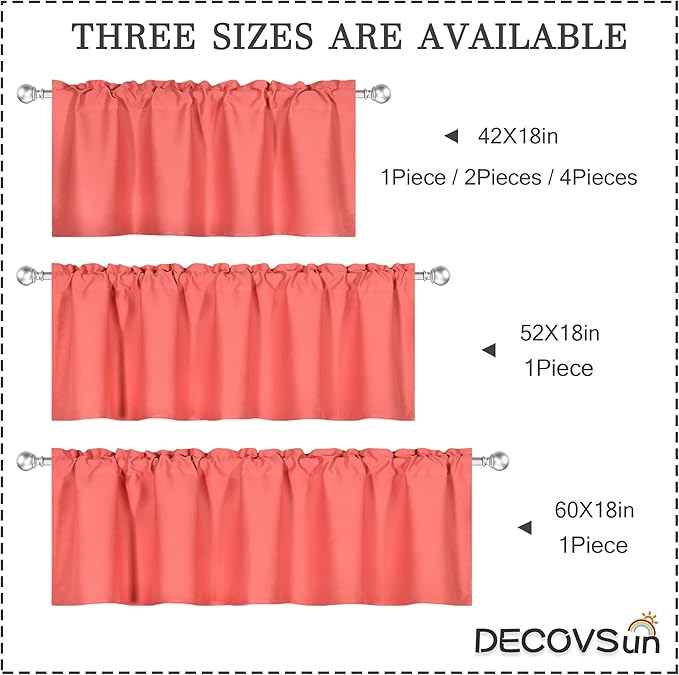 Coral Valance for Windows 52x18 Inch Solid Thermal Insulated Blackout Rod Pocket Kitchen Short Curtain Toppers Valance for Bathroom Living Room 1 Panel