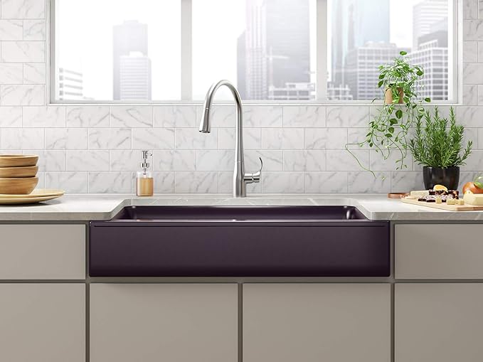 KOHLER K-25784-CM8 Cairn 34" Neoroc Composite Undermount Single-Bowl Kitchen Sink, Farmhouse Kitchen Sink with Short Apron, Matte Black Plum