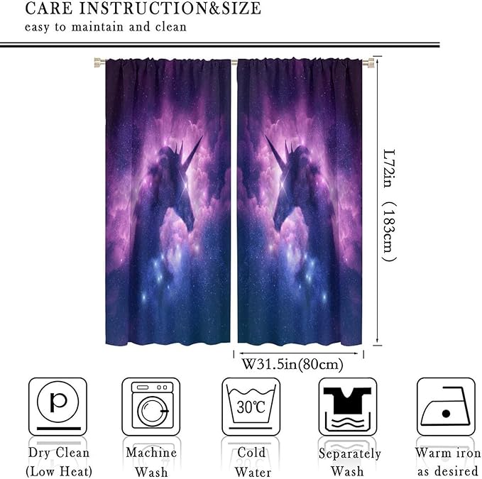 Unicorn Curtains Children's Cartoon Starry Sky Theme Unicorn Pattern Curtains Star Galaxy Boys Girls Room Blackout Curtains 63x72 Inch 2 Panels