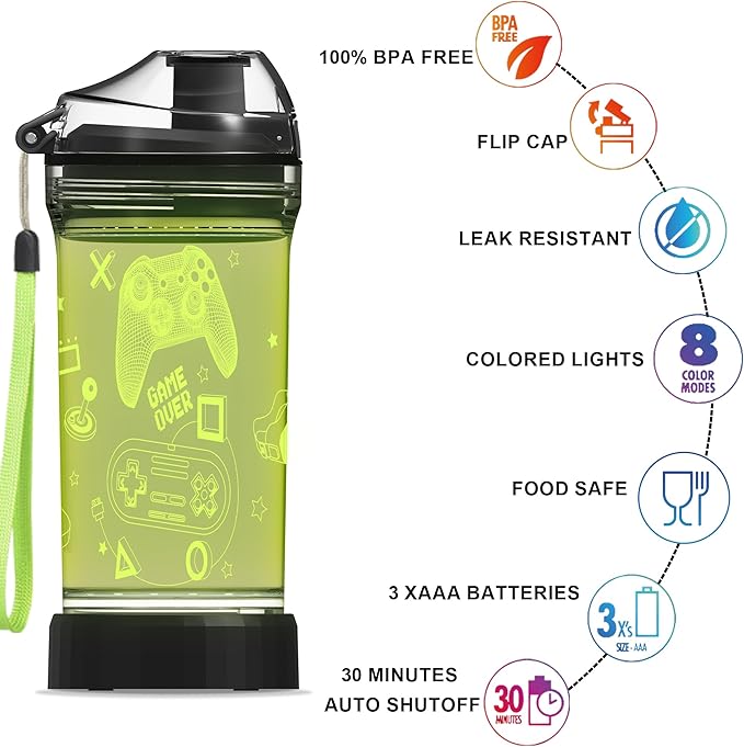 Kids Water Bottle with Video Game Design 3D Glowing LED Light-Tritan BPA Free,Perfect for Back-to-School Season, Girls, Boys, Kids, Holiday Camping, Picnic Gifts - 14 oz Travel Mug