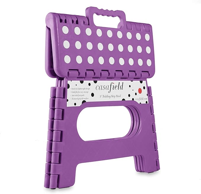 Casafield 9" Folding Step Stool with Handle, Purple - Portable Collapsible Small Plastic Foot Stool for Kids and Adults - Use in The Kitchen, Bathroom and Bedroom