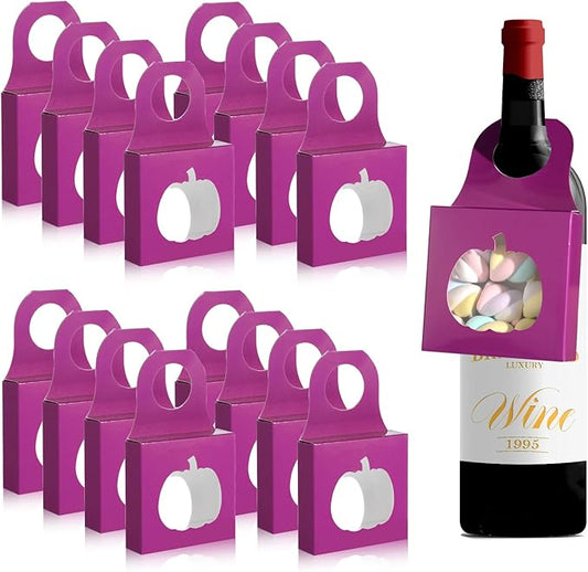 Megitzuu 30PCS Wine Bottle Box with Window, Kraft Paper Wine Boxes for Halloween Gifts Hanging Pumpkin Treat Box Mini Charcuterie Boxes Wine Bottles Gift Bags Goodies Candy Box Party Favor (Purple)