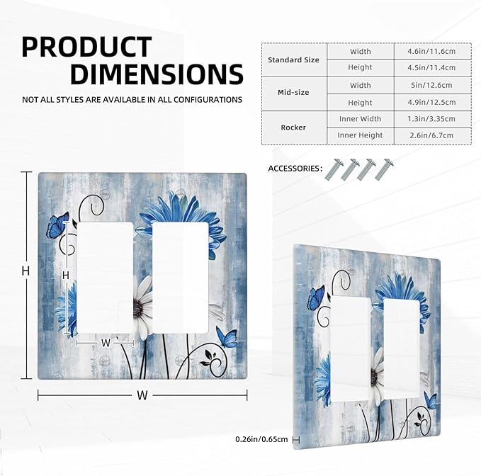 Rustic Teal Blue Daisy Floral 2 Gang Rocker Decora Light Switch Covers Dual Outlet Covers Wall Plate Decorative Switchplate Electrical Faceplate GFCI for Country Bathroom Bedroom Kitchen Decor