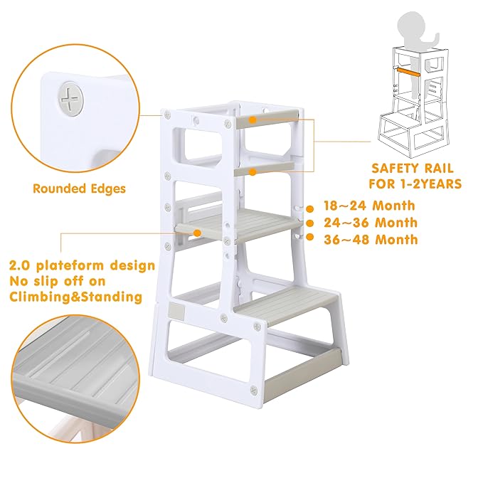 SDADI Mother's Helper Adjustable Height Plastic Kitchen Step Stool for Children, Kids Toddlers Counter Level Learning Stool for Kitchen & Bathroom,Beige and Light Grey