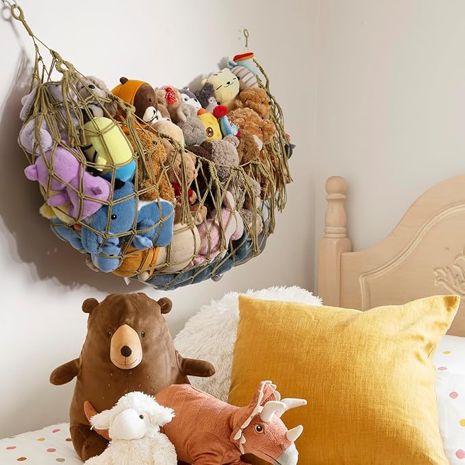Stuffed Animal Hammock Corner Hanging Net Plush Toy Organizer Macrame Stuffed Animal Storage Display for Teddy Net Corner Toy Net for Bedroom-Khaki