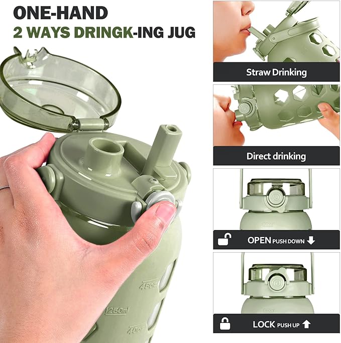 MUKOKO 56oz Glass Water Bottles with Straw and Lid,Motivational Water Jug with Time Marker Reminder and Silicone Sleeve,100% Leakproof BPA Free Fitness Sports Large Bottle-Green