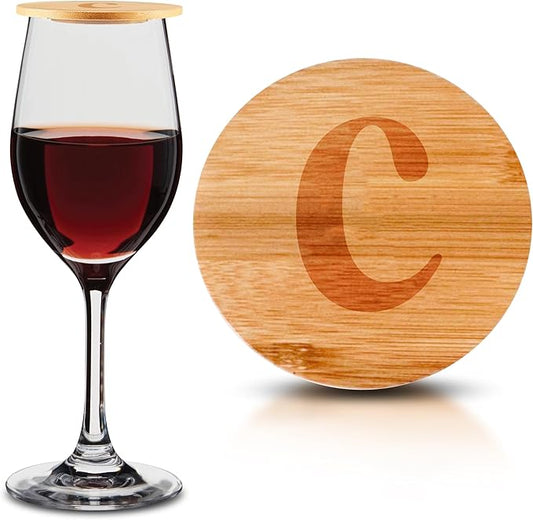 Personalized Wine Glass Charcuterie Topper - Custom Laser Engraved Initial Bamboo Wine Glass Topper Stopper Coasters Plate ID Identification Wine Glass Charcuterie Board Topper (Letter C)