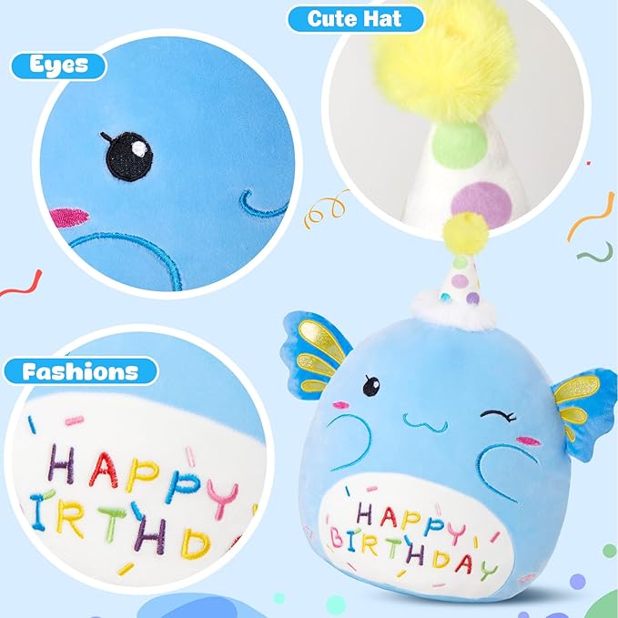 Light up Musical Happy Birthday Axolotl Plush Pillow,LED Stuffed Animals,Blue Axolotl Glowing Plush Toy,Light-up Singing Plush Birthday Gift for Toddler Boys Girls,14''