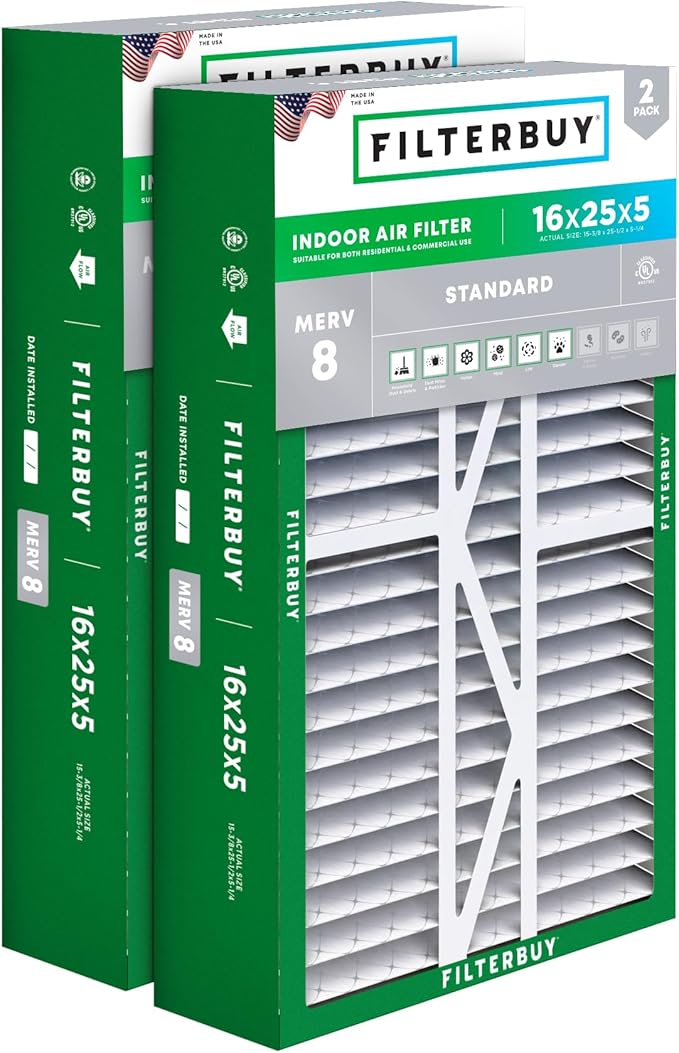 Filterbuy 16x25x5 Air Filter MERV 8 Dust Defense (2-Pack), Pleated HVAC AC Furnace Air Filters for Amana, Coleman, Goodman, Maytag, York, and More (Actual Size: 15.38 x 25.50 x 5.25 Inches)
