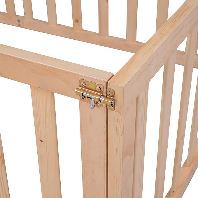 Twin Size Floor Bed with Fence, Solid Wood Floor BedFrame for Kids with Door, Twin Platform Bed for Boys and Girls Kids Teens, Fun Design, for Children Bedroom