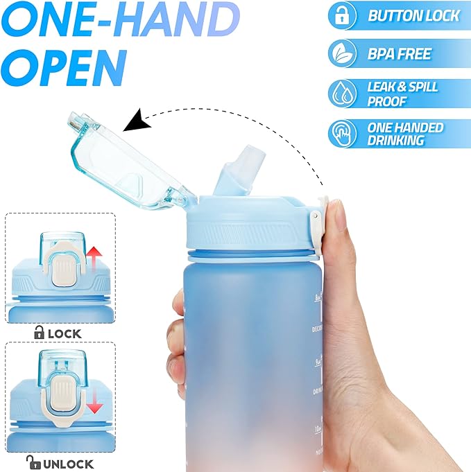 Motivational Water Bottle with Time Marker- 32oz Water Bottles with Times to Drink, Leakproof & BPA Free Sports Water Bottle with Straw & Carry Strap for Fitness, Gym, and Outdoor Sports