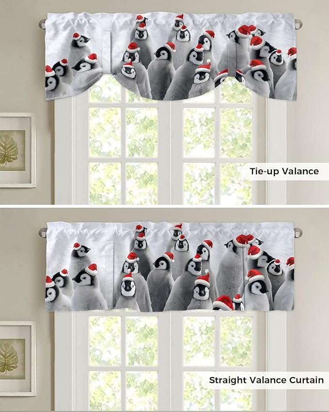 Funny Penguin with Christmas Hat Blackout Tie Up Valance Curtains for Kitchen Windows Winter Holidays Window Toppers Balloon Shades for Living Room/Bathroom/Bedroom,1 Panel,54" X 18"