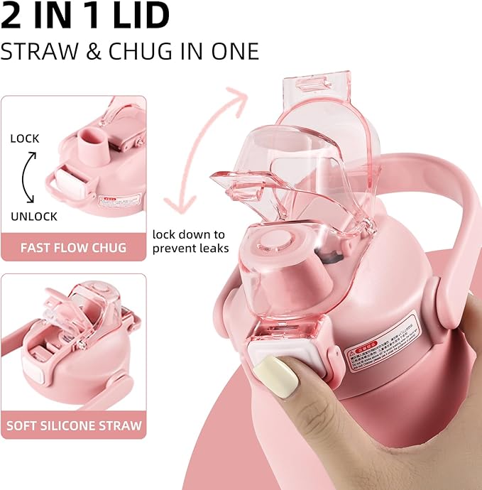 ColorSub 50oz Insulated Water Bottle With 2-in-1 Straw and Chug Leakproof Lid, BPA Free Stainless Steel Wide Mouth Sports Water Cup Flask Pink