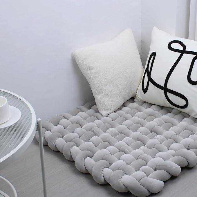 XHJRI Thickened Braided Knot Seat Mat, Knotted Floor Decorative Cushion, Handmade Baby Infant Playing Pad Nursery Rug (27.5 * 31.5 Inch,Grey)