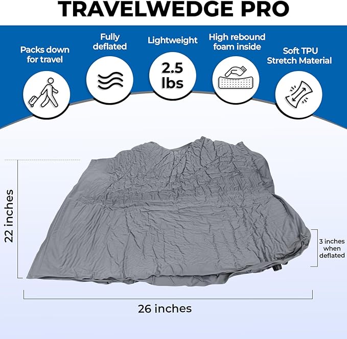 Self-Inflating Bed Wedge Pillow | Lightweight for Travel | Wedge Pillow for Sleeping and Acid Reflux, Heartburn, and GERD Pillow (TWDPRO2, 22 Inch)