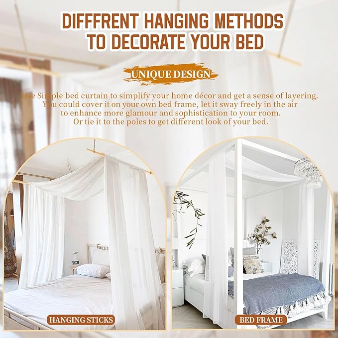 Showgeous 2 Panels Canopy Curtains White Canopy Bed Curtains 55" x 216" Bed Canopy Scarf for Full/Queen Bed Frame,Queen Canopy Bed Curtains,Sheer Bed Canopy Curtains Drapes Bed Tulle Canopy