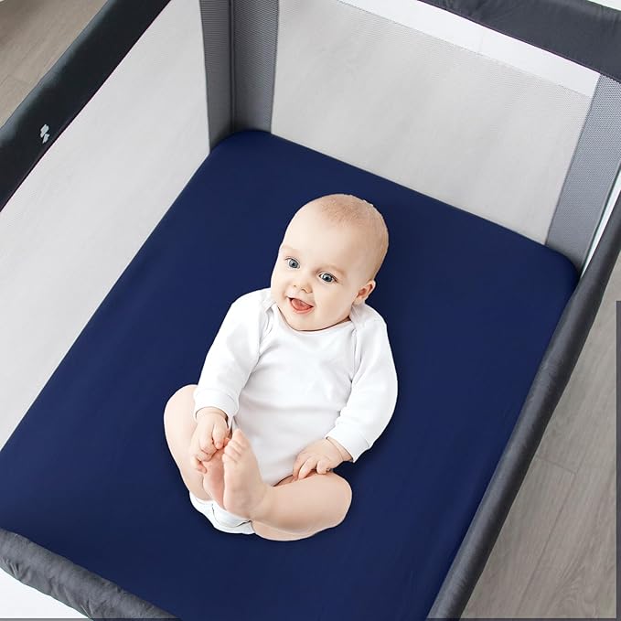 Waterproof Pack and Play Sheets Fitted 2 Pack, Compatible with Graco Pack n Play Sheets 38" X 26" Fits for Baby Playpen/Playard Mattress, Mini Crib Sheets for Boys or Girls, Grey & Navy