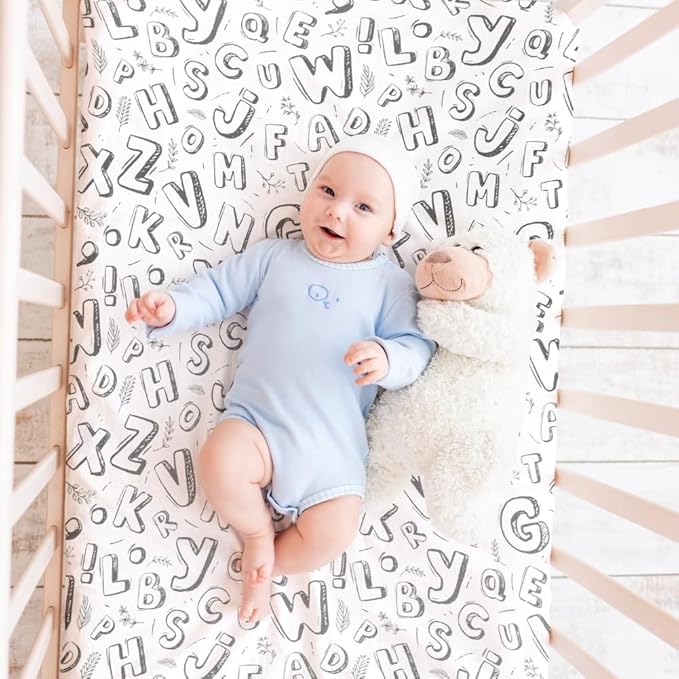 4 Pack Fitted Pack N Play Sheets for Baby Boys Neutral Unisex Breathable Soft Toddler Mini Crib Sheets for Pack and Play Mattress (Letter Print)