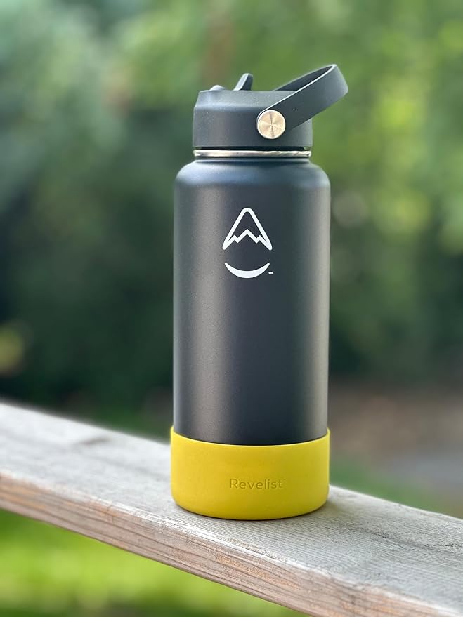 Revelist Sports Water Bottle - 32 Oz, 3 Lids (Straw Lid, Spout & Screw Top) with Boot, Vacuum Insulated Stainless Steel, Double Walled, Reusable Water Flask, Metal Canteen - Black & Yellow