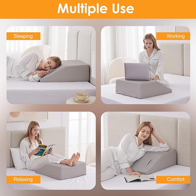 Leg Elevation Pillows for Sleeping, Memory Foam Wedge Pillow for Legs, Knee Wedge Pillow for After Surgery, Swelling, Back Pain and Circulation, Non-Slip Base, Removable Cover (10 Inch, Grey)