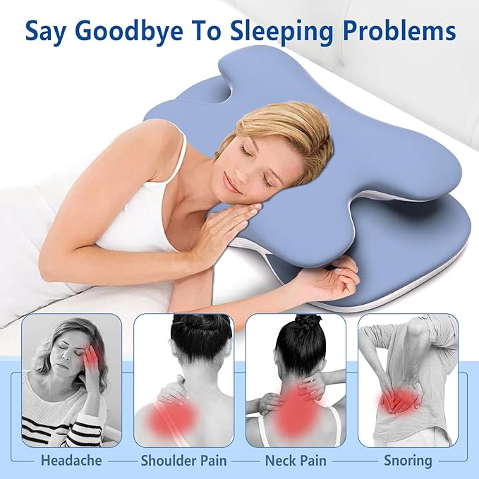 Cervical Pillow for Neck Back Pain Relief Memory Foam Contour Pillow Ergonomic Orthopedic Neck Pillow for Sleeping Cervical Support Pillow for Back Side Stomach Sleeper Cooling Pillowcase (Blue)