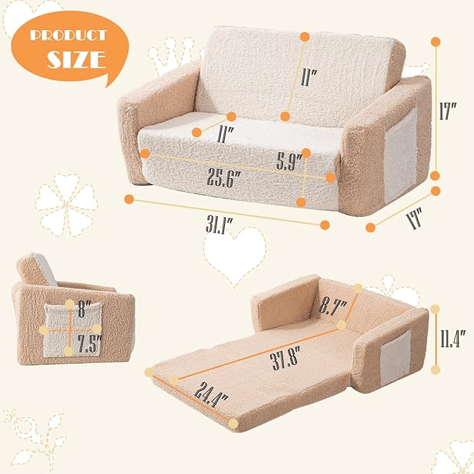 Baby Toddler Sofa Couch for Kids Extra Wide 2-in-1 Toddler Sherpa Fold Out Couch Bed for Playroom, Pull Out Children Convertible Sofa to Lounger for Boys & Girls with Double Pockets, Khaki-Cream
