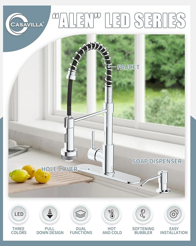 Kitchen Faucet with LED Light, Chrome Faucet with Soap Dispenser, Faucet for Kitchen Sink, Single Handle Stainless Steel Kitchen Sink Faucets with Pull Down Sprayer, Camper Farmhouse RV Sink Faucet
