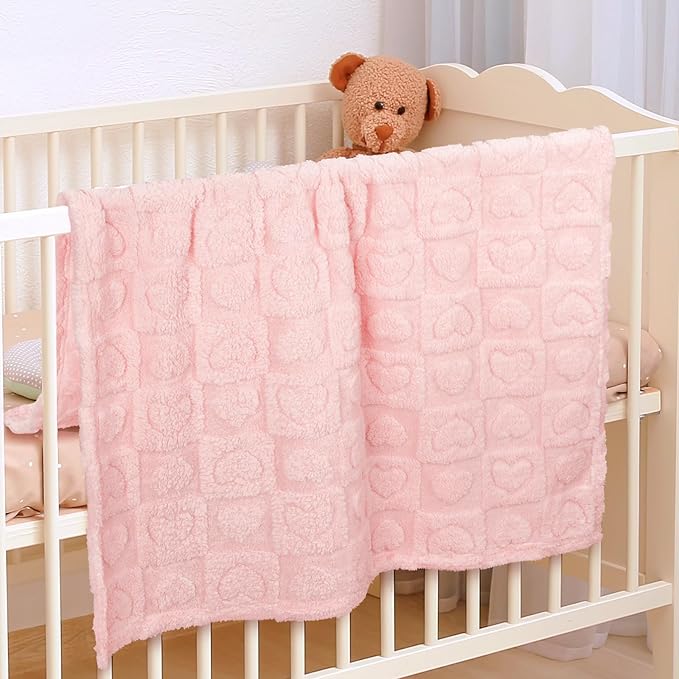 Plush Soft with Heart Checkered Baby Blanket,Fleece Infant Toddler Blankets for Girls Boys,Warm Lightweight Breathable Newborn Receiving Blankets for Crib Stroller 32"×37" (Light Pink, Heart)