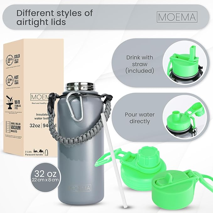 32oz Insulated Water Bottle with Paracord Handle and Straw, Stainless Steel Cup with 2 Lids & Straw, BPA-Free, Thermo Bottle Double Wall Vacuum Insulation, for Gym, Sports (Graphite)