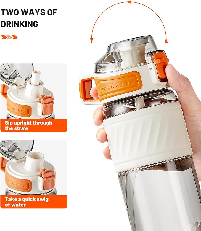 TKK 15oz Sports Water Bottles with Removable Straw Durable BPA Free Tritan Bottles Leak-Proof Water Bottles for School, Fitness, Gym, Outdoor, White