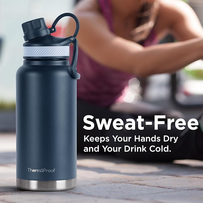 ThermoProof Double Walled Vacuum Insulated Stainless Steel Water Bottle - 32oz, Straw Lid & Spout Lid - Leak Proof - Gym, Hiking Bottles for Men, Women & Kids - Hot & Cold (Navy 32oz)