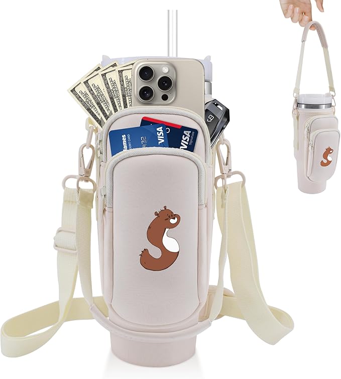 Water Bottle Carrier Bag with Phone Pocket for Stanley 40 oz Tumbler Neoprene Water Bottle Holder Pouch with Adjustable Strap Bollus with Straw Cover & Carabiner for Stanley Cup Accessories