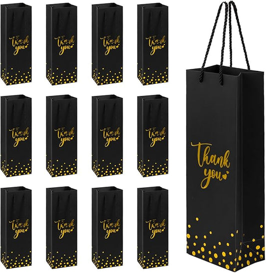 Ssyuysto 12 Pcs Wine Gift Bags for Wine Bottles Elegant Thank You Wine Gift Bags with Metallic Gold Foil Print Kraft Wine Gift Bags with Attractive Rope Handles for Wedding Bottle (Black)