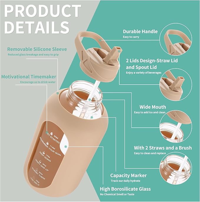 CIVAGO 64 oz Glass Water Bottle Jug with Straw and Handle, Half Gallon Sports Motivational Water Bottle with Time Marker and 2 Lids, Large Water Flask Canteen with Silicone Sleeve for Gym,Beige