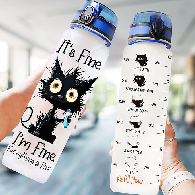 Cat Gifts, Black Cat Water Bottle 32 oz with Time Marker, It's Fine I'm Fine Cat Bottle, Cat Gifts for Cat Lovers, Crazy Cat Gifts, Gifts for Halloween
