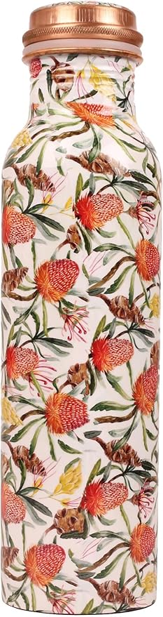 Pure Copper Water Bottle - Handcrafted - Ayurveda Health Benefits -Fruits Prints 35 OZ - Leak proof - Easy to carry For Sports, Fitness, Yoga, School - Vintage Enamel.