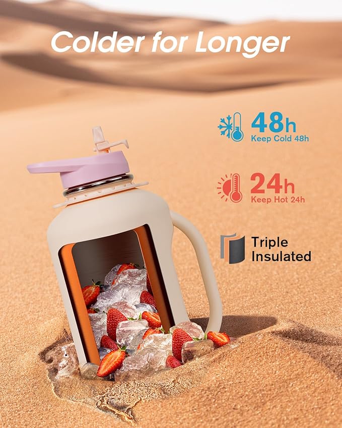 64oz Insulated Water Bottle, Coolflask Half Gallon Water Jug With Handle Straw Stainless Steel Double-Walled Vacuum Metal Large Flask With Strap Non-BPA Leakproof, Keep Cold 48 Hrs, Apricot Pink
