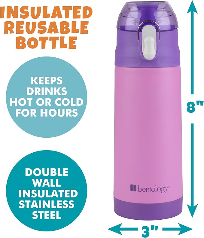 Bentology Stainless Steel 13oz Insulated Kids Water Bottle w Built In Straw- Easy to Open, Reusable BPA-Free, Fits in Most Lunch Boxes for Boys, Girls, School, Sports, Camp- Keep Drink Cold All Day