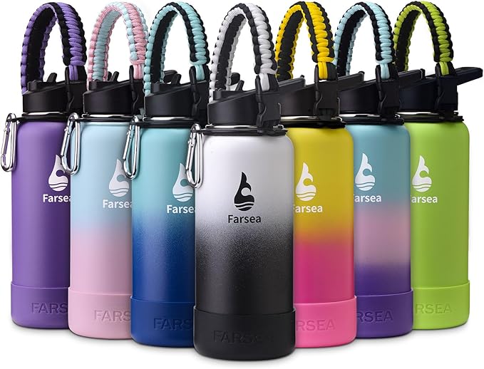 Farsea Insulated Water Bottle With Paracord Handle, Protective Boot and 2 Lids (Straw Lid & Spout Lid), Stainless Steel Water Bottle Wide Mouth, Double Wall Sweat-Proof BPA-Free, 32 oz
