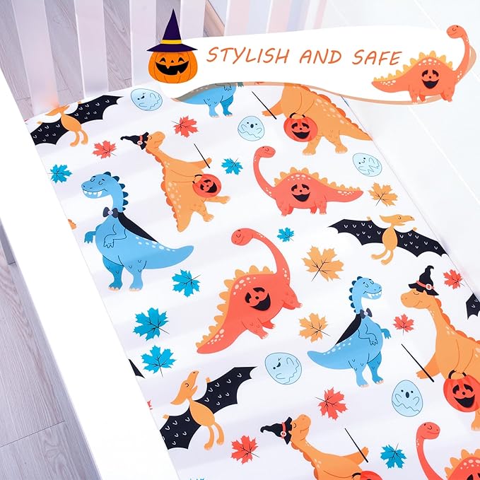 JISEN Baby Crib Sheet 1 Piece Portable Fitted Crib Sheet for Standard Crib and Toddler Mattresses Nursery Bed Decor for Boys Girls 28x52 Halloween Dinosaurs
