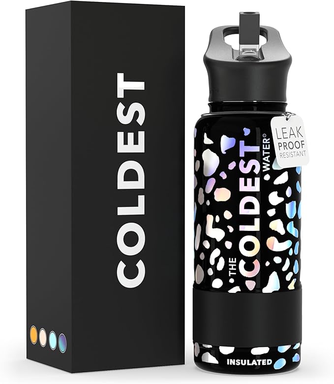 COLDEST Sports Water Bottle -32 oz (Straw Lid), Leak Proof, Vacuum Insulated Stainless Steel, Hot Cold, Double Walled, Thermo Mug, Metal Canteen (32 oz, Moonlight Leopard)