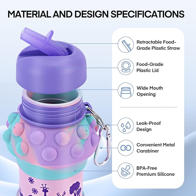 Kids Sports Collapsible Water Bottle | Ball Shaped Drinking Cup | Foldable BPA Free Leakproof Lightweight Silicon Jug | School Lunch Mug Team Gift Travel (Bubble Animal 550ml/18.6oz)