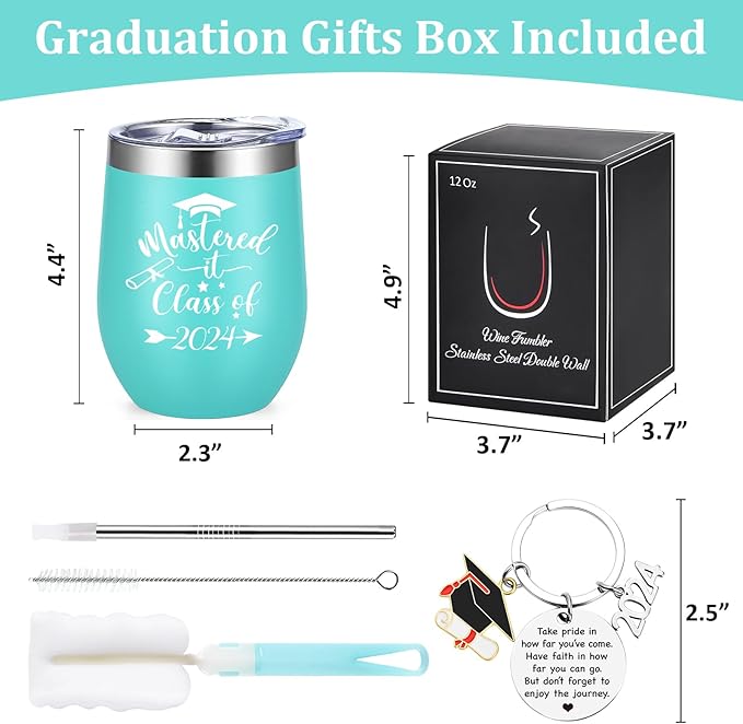 Lifecapido Graduation Gifts, Mastered it Class of 2024 12oz Wine Tumbler with Keychain, 2024 High School College Masters Degree PHD Graduation Gifts for Her Graduates Friends Classmates, Aqua Blue