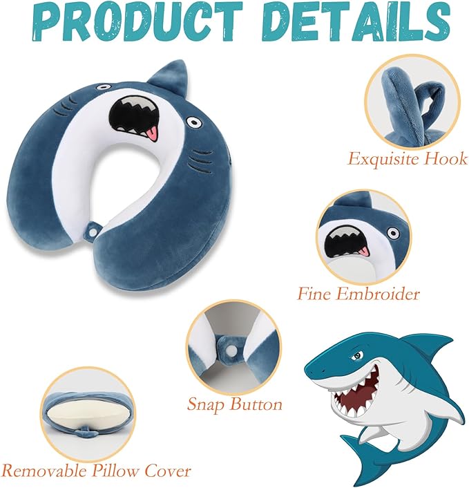 Kids Neck Pillow for Travel with Sleep Eye Mask, Cute Travel Neck Pillow, Memory Foam Cartoon Flight Sleeping Headrest Pillow for Boys & Girls, Airplane, Train, Car, Home Use - BigMouth Shark
