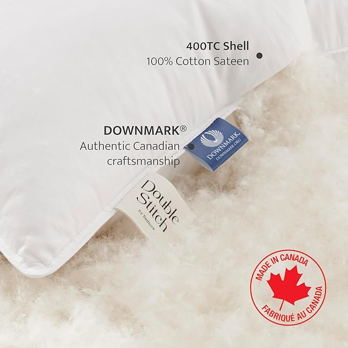 Double Stitch Luxury US White Down Pillow - Made in Canada, 400 Thread Count 100% Cotton Shell, Firm 700 Fill Power Down Bed Pillow, Soft Sleeping Pillow 3-Chamber, Standard(20" x 26") ﻿