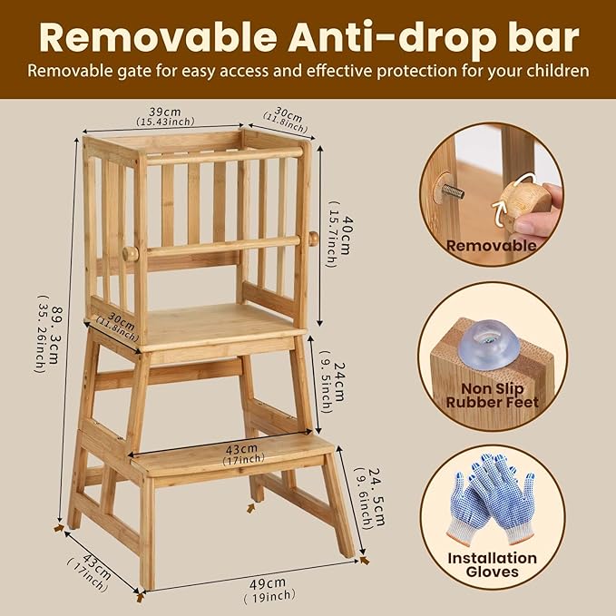 COSYLAND Kids Kitchen Step Stool，Toddler Standing Tower with CPC Certification, Removable Anti-Drop Railing Safety Rail Enjoys Unique Patented Design A Anti-tip Structure More Stable, Natural Bamboo