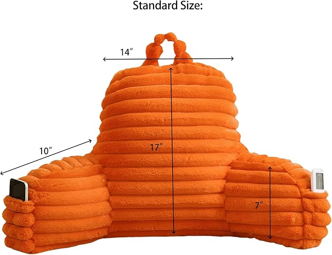 Faux Fur Fluffy Orange Reading Pillow with Pockets, Luxury Striped Plush Decorative, Arm Rests and Back Surport for Bed Rest, Lounging on sofa, Standard