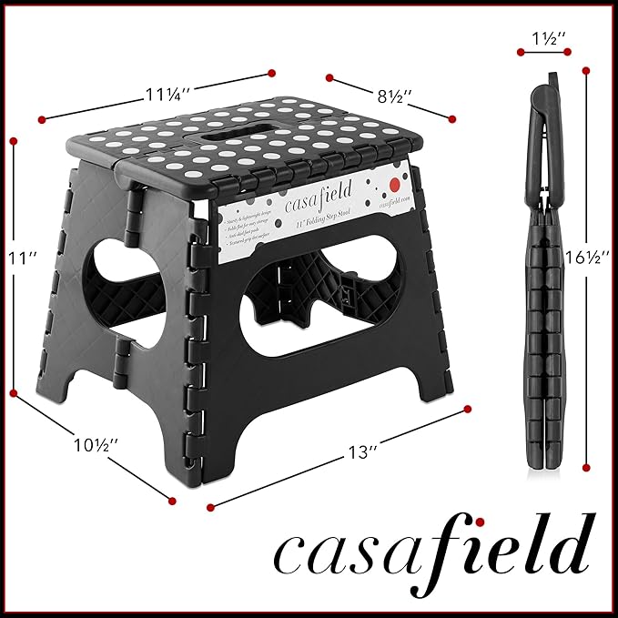 Casafield 11" Folding Step Stool with Handle, Black - Portable Collapsible Small Plastic Foot Stool for Kids and Adults - Use in The Kitchen, Bathroom and Bedroom