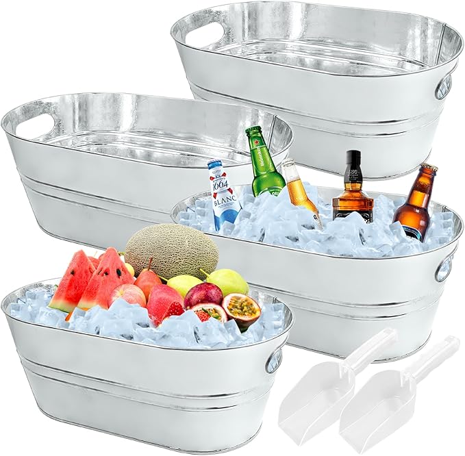 4Pcs 4 Gallon Galvanized Bucket Ice Bucket Large Metal Drink Buckets for Parties Beer Beverage Tub with Scoops for Champagne Cocktails Wine Cooling for Mimosa Bar Supplies